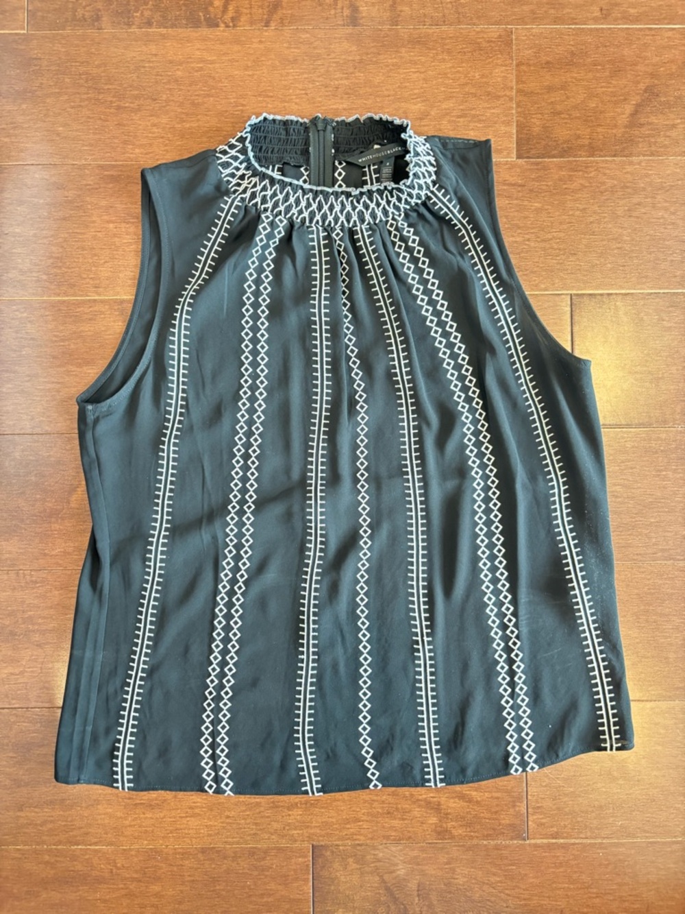 White House Black Market Black Sleeveless Top with White Embroidery